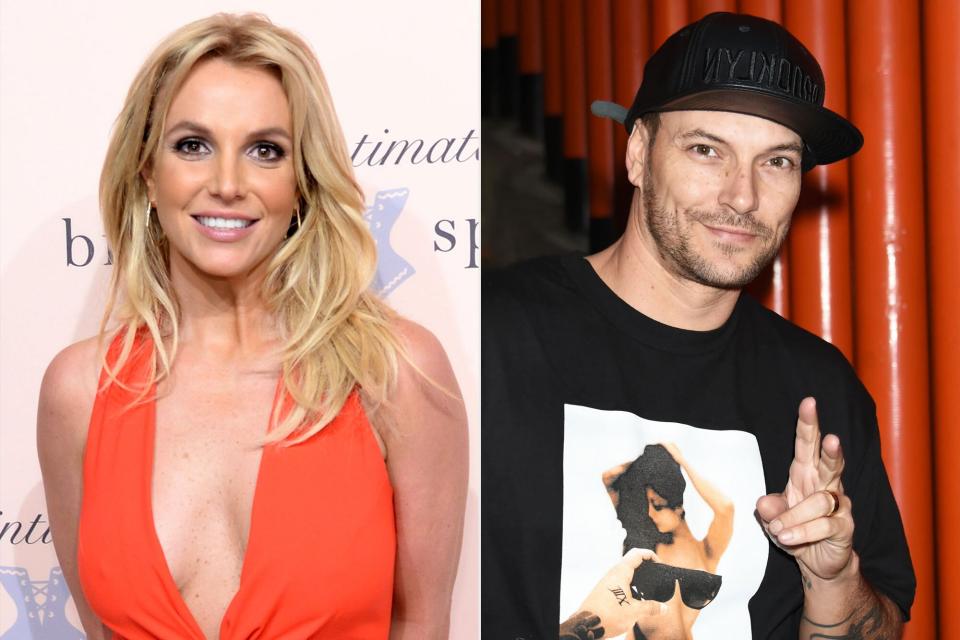 Britney Spears poses at the exclusive unveiling of The Intimate Britney Spears at New York Public Library - Celeste Bartos Forum on September 9, 2014 in New York City. ; Kevin Federline visits Hie Shrine on October 26, 2015 in Tokyo, Japan.