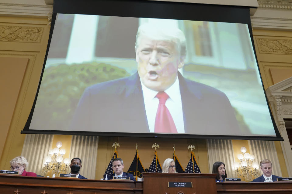 FILE - A video of President Donald Trump speaking on Jan. 6 is played as the House select committee investigating the Jan. 6 attack on the U.S. Capitol holds a hearing at the Capitol in Washington, July 21, 2022. The House Jan. 6 committee will share 20 of its interview transcripts with the Justice Department as federal prosecutors have been increasingly focused on efforts by former President Donald Trump and his allies to overturn the results of the election. (AP Photo/Patrick Semansky, File)