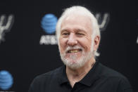 San Antonio Spurs head coach Gregg Popovich talks to the media during the NBA basketball team's media day, Monday, Sept. 27, 2021, in San Antonio. (AP Photo/Eric Gay)