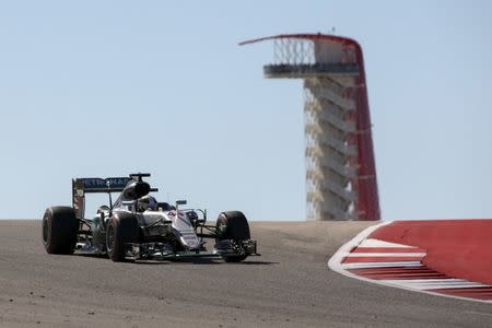 Mercedes' Lewis Hamilton of Britain participates in the second practice session. REUTERS/Adrees Latif