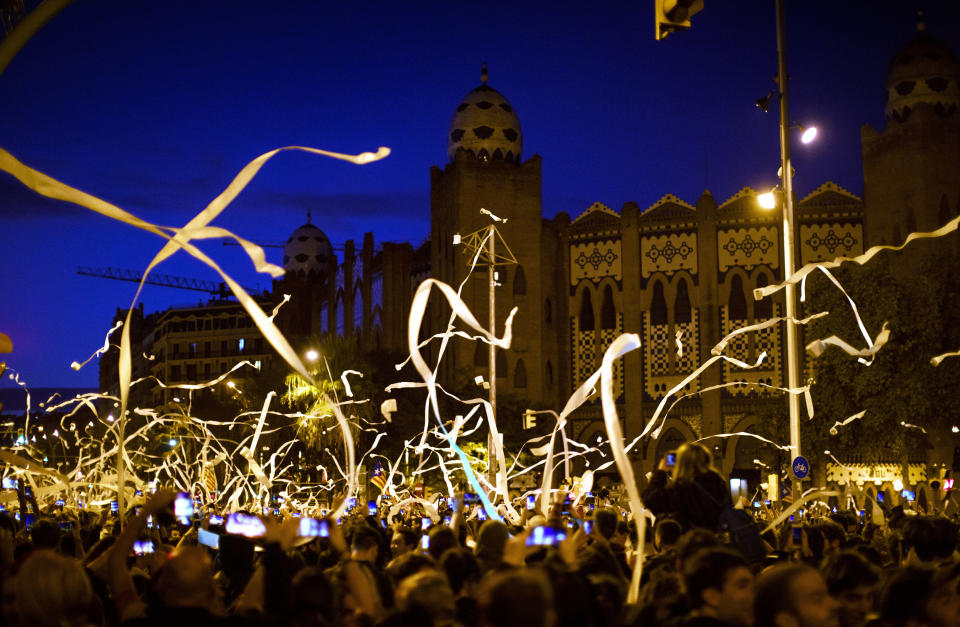 Demonstrators throw paper toilet rolls into the air during a protests in Barcelona, Spain, Wednesday, Oct. 16, 2019. (Photo: Emilio Morenatti/AP)