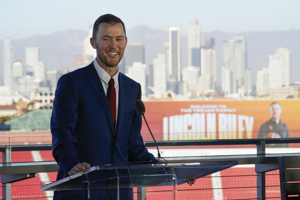 Lincoln Riley, the new head football coach of the University of Southern California, speaks during a ceremony in Los Angeles, Monday, Nov. 29, 2021. (AP Photo/Ashley Landis)