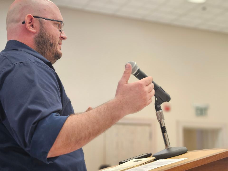 Petal Alderman Blake Nobles addresses the Library of Hattiesburg, Petal and Forrest County board members to voice his concerns over certain books he feels are inappropriate for children during the board's regular meeting, Monday, Jan. 29, in Hattiesburg.