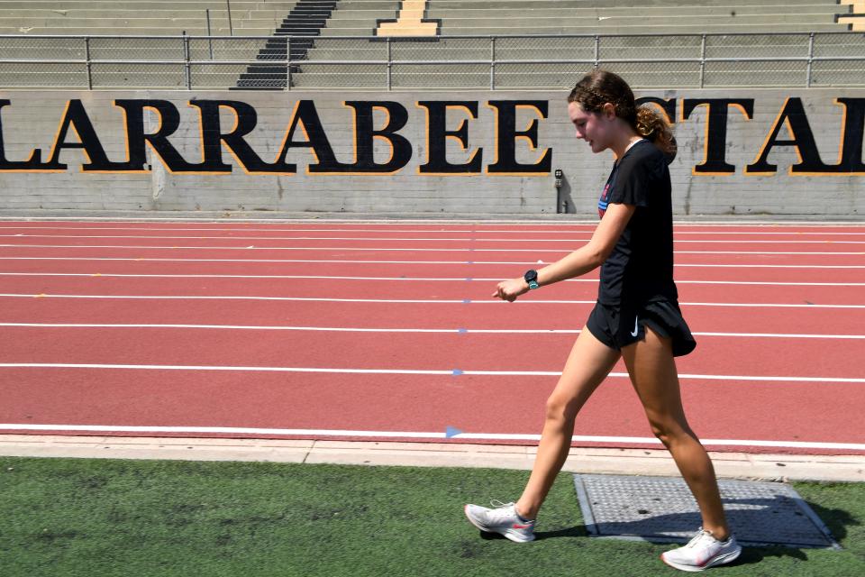 Sadie Engelhardt, walking along the Ventura High track on June 8, ran away with CIF-SS, state and national titles in a remarkable freshman season.