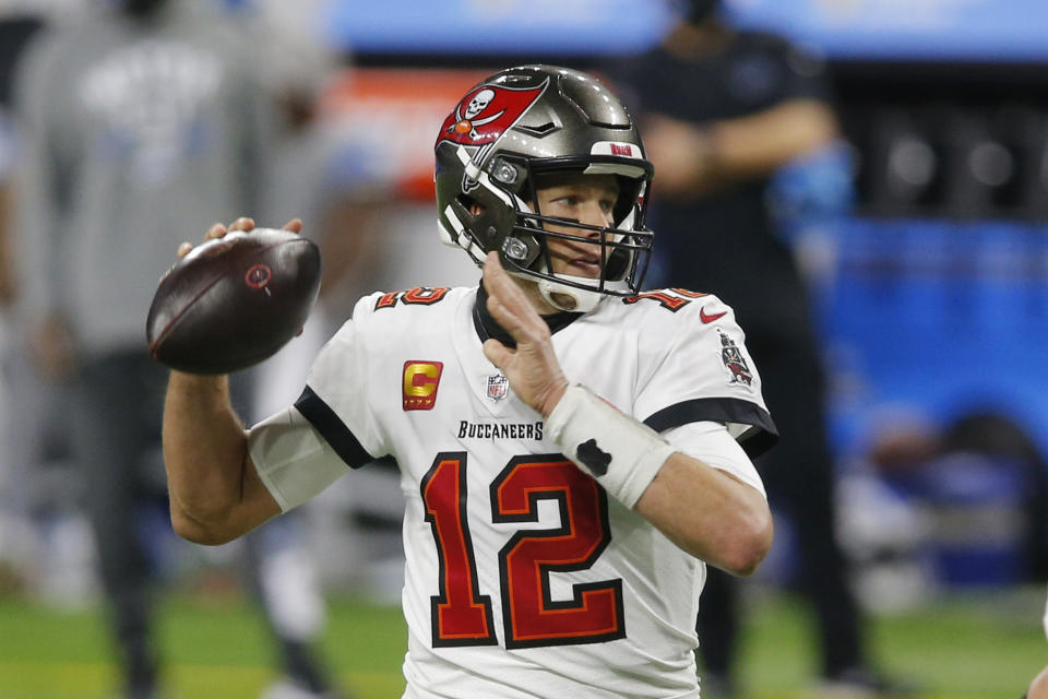 Tampa Bay Buccaneers quarterback Tom Brady throws during the first half of an NFL football game against the Detroit Lions, Saturday, Dec. 26, 2020, in Detroit. (AP Photo/Al Goldis)