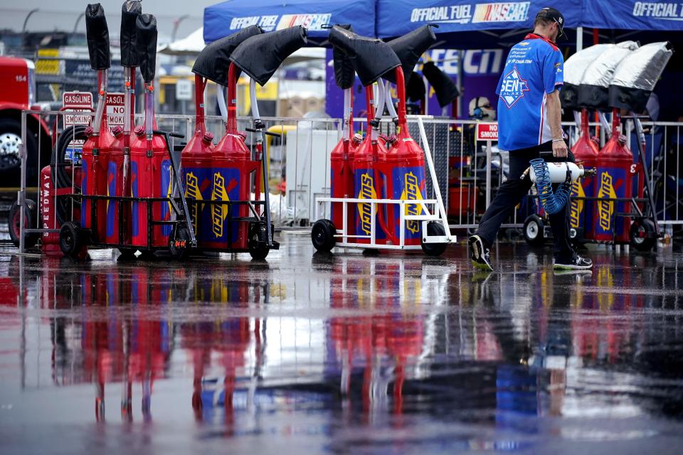 Rain falls on the track prior to the Tennessee Lottery 250 at the Nashville Superspeedway in Lebanon, Tenn., Saturday, June 25, 2022.