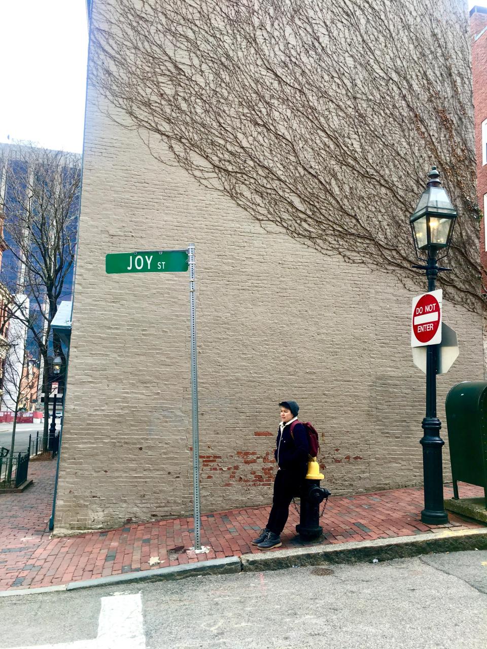 Alice Hutton’s wife, Mel, pictured in Beacon Hill in Boston, on their first day in the city, after landing just a week before the border shutAlice Hutton