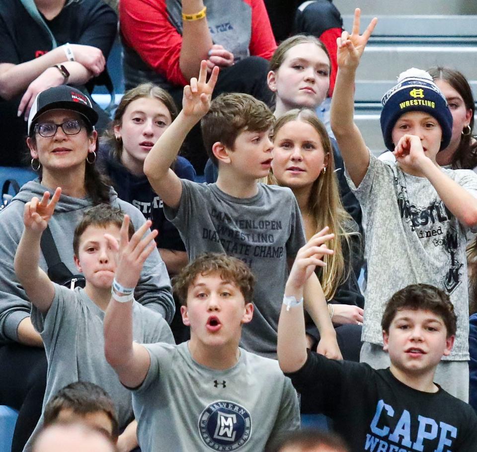 Young Cape Henlopen fans have a rooting interest as Sussex Tech's Dustin Elliott wins the state title at 144 pounds with a 5-2 decision over Nicolas Walker of Cape Henlopen during the DIAA individual wrestling championships, Saturday, March 2, 2024 at Cape Henlopen High School.