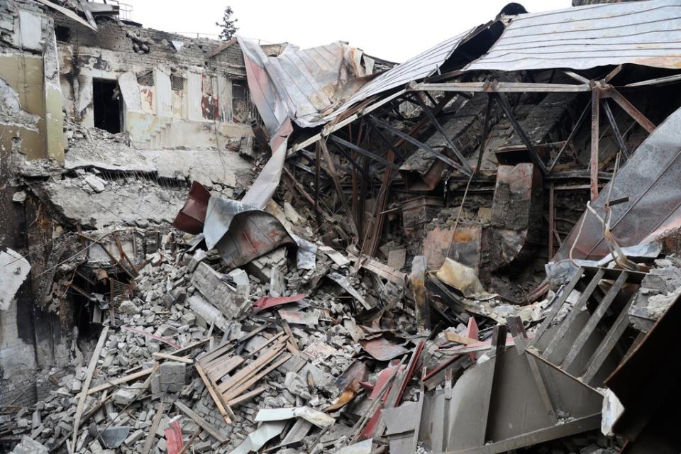 Rubble from the damaged Donetsk Academic Regional Drama Theatre in Mariupol (AP)