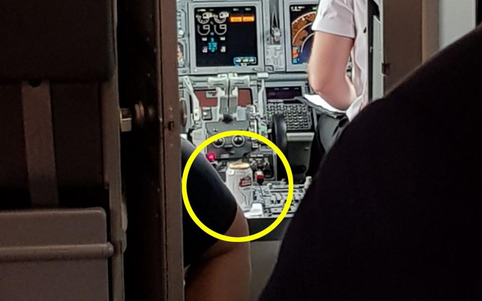 A photo  by Steve Lewis of the can of lager in the Jet2 cockpit - Mercury Press & Media