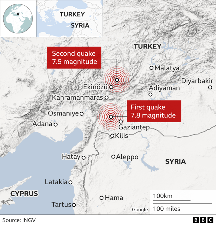 Mapa que muestra la ubicación de los dos terremotos en Turquía