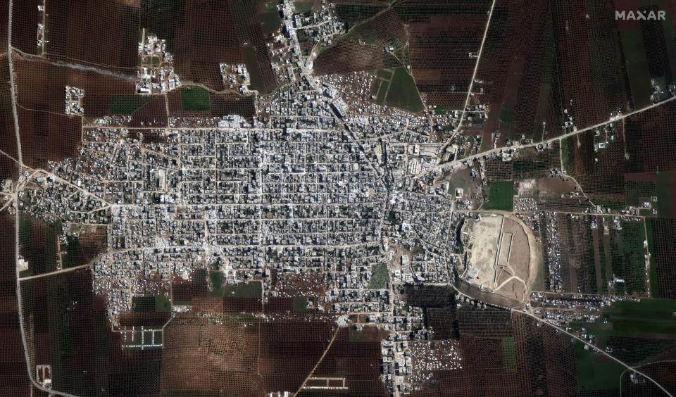 This satellite image provided by Maxar Technologies shows an overview of with damage to city buildings and the surrounding area in Jindires, Syria, on Saturday, Feb. 11, 2023, after an earthquake. There was significant damage to critical infrastructure across the region after a catastrophic earthquake hit Feb. 6, 2023. (Satellite image ©2023 Maxar Technologies via AP)