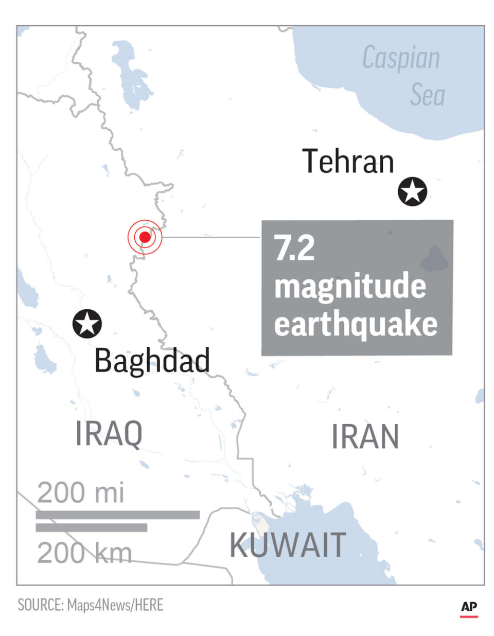 <p>The U.S. Geological Survey confirmed the quake on its website, placing its epicenter around 19 miles outside the eastern Iraqi city of Halabja and issuing an “orange” alert for “shaking-related fatalities and economic losses.” (Maps4News/AP) </p>