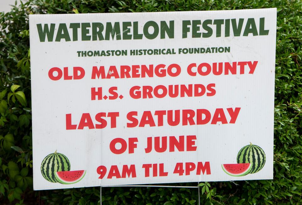 Signs promoting the Watermelon Festival are seen in Thomaston, Ala., on Friday June 3, 2022. 