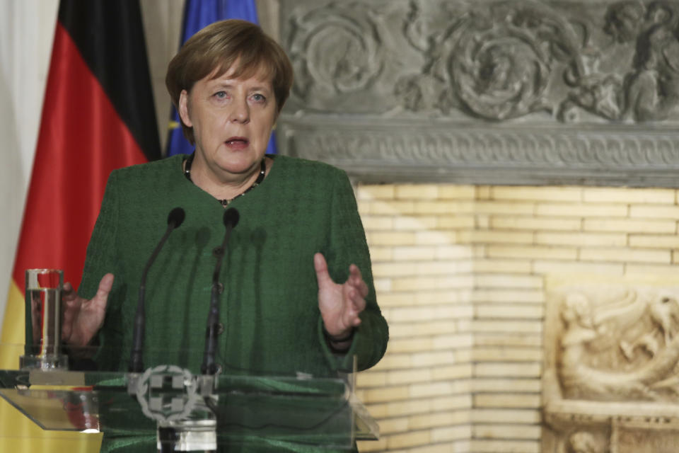 German Chancellor Angela Merkel talks to the media during a press conference after a meeting with Greek Prime Minister Alexis Tsipras in Athens, Thursday Jan. 10, 2019. Merkel is widely blamed in Greece for the austerity that the country has lived through for much of the past decade, which led to a sharp and prolonged recession and a consequent fall in living standards. (AP Photo/Petros Giannakouris)