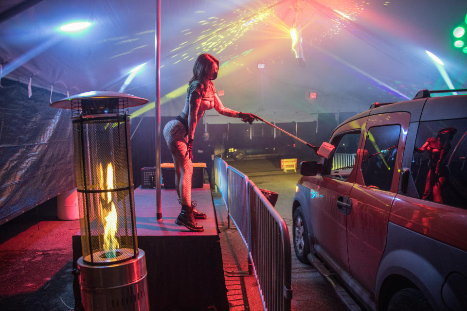 Dancers at Lucky Devil Lounge in Portland, Oregon, are now working a drive-thru club during the coronavirus lockdown. (Photo: Danger Ehren/ @dangerehren)