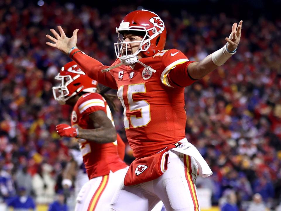 Patrick Mahomes celebrates a touchdown against the Buffalo Bills.