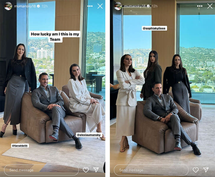 A split of Mauricio Umansky posing with Alexia Umansky, Farrah Brittany, and Sophia Umansky.