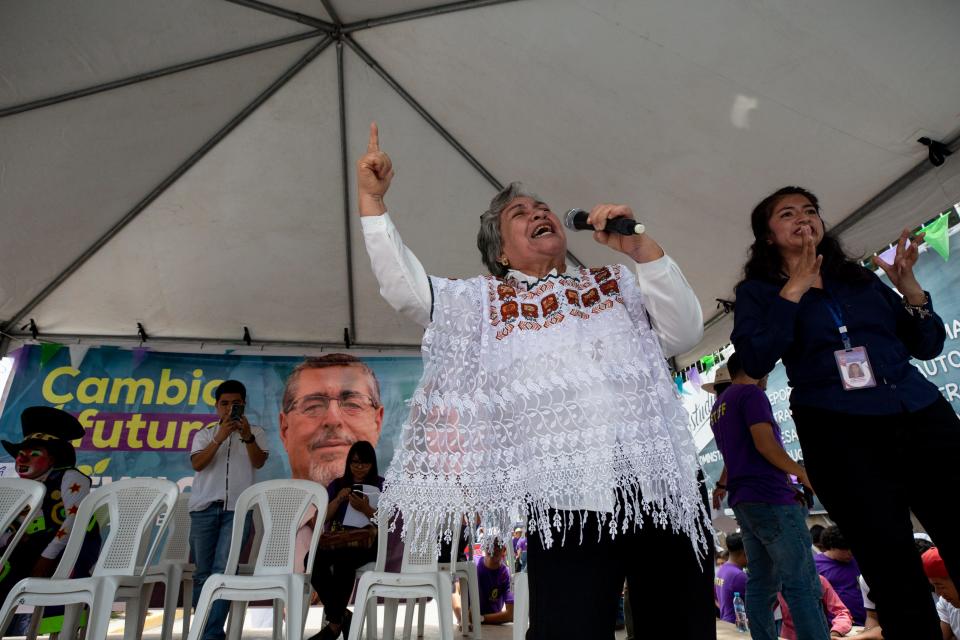 Mayra Rodriguez rehearses as she gets ready to recite a poem on the stage where Presidential candidate for Movimiento Semilla, Bernardo Arevalo was to hold a political rally in Huehuetenango on Aug.12, 2023. Rodriguez traveled hours to hear the candidate.