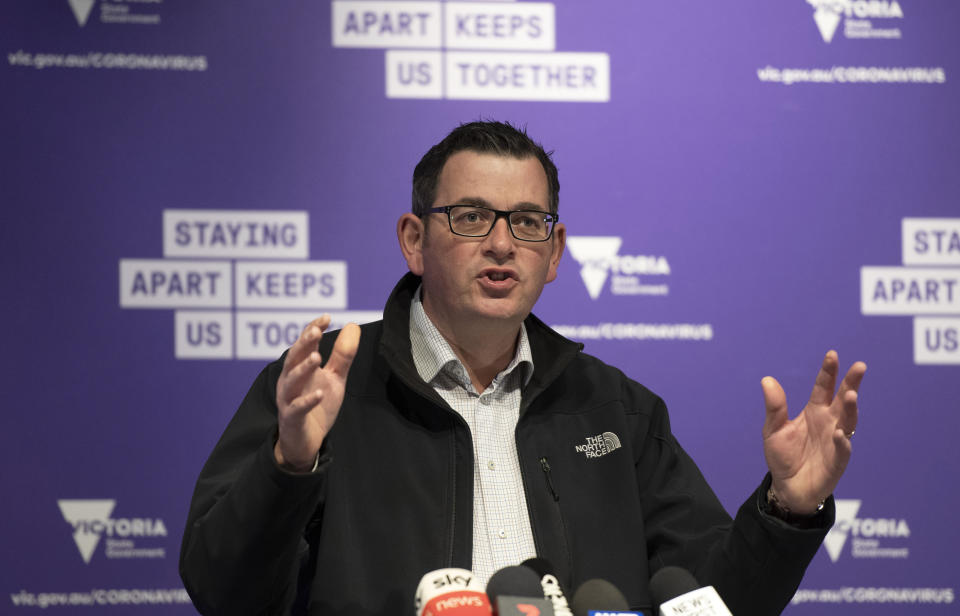 Victorian Premier Daniel Andrews briefs the media on conditions concerning the Covid-19 situation in Melbourne, Australia, on Monday, July 6, 2020. Andrews announced that the state border with New South Wales will be closed from late Tuesday night in an agreement between the two state premiers and Prime Minister Scott Morrison. (AP Photo/Andy Brownbill)