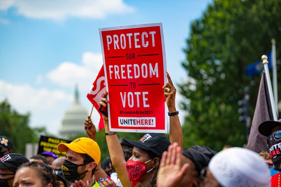 The Poor People’s Campaign rallied and marched in Washington, D.C., where faith leaders, low-wage workers, and poor people from around the country protested for the US Senate to end the filibuster, protect voting rights and raise the federal minimum wage to $15 an hour. (Photo by Michael Nigro/Pacific Press/LightRocket via Getty Images)