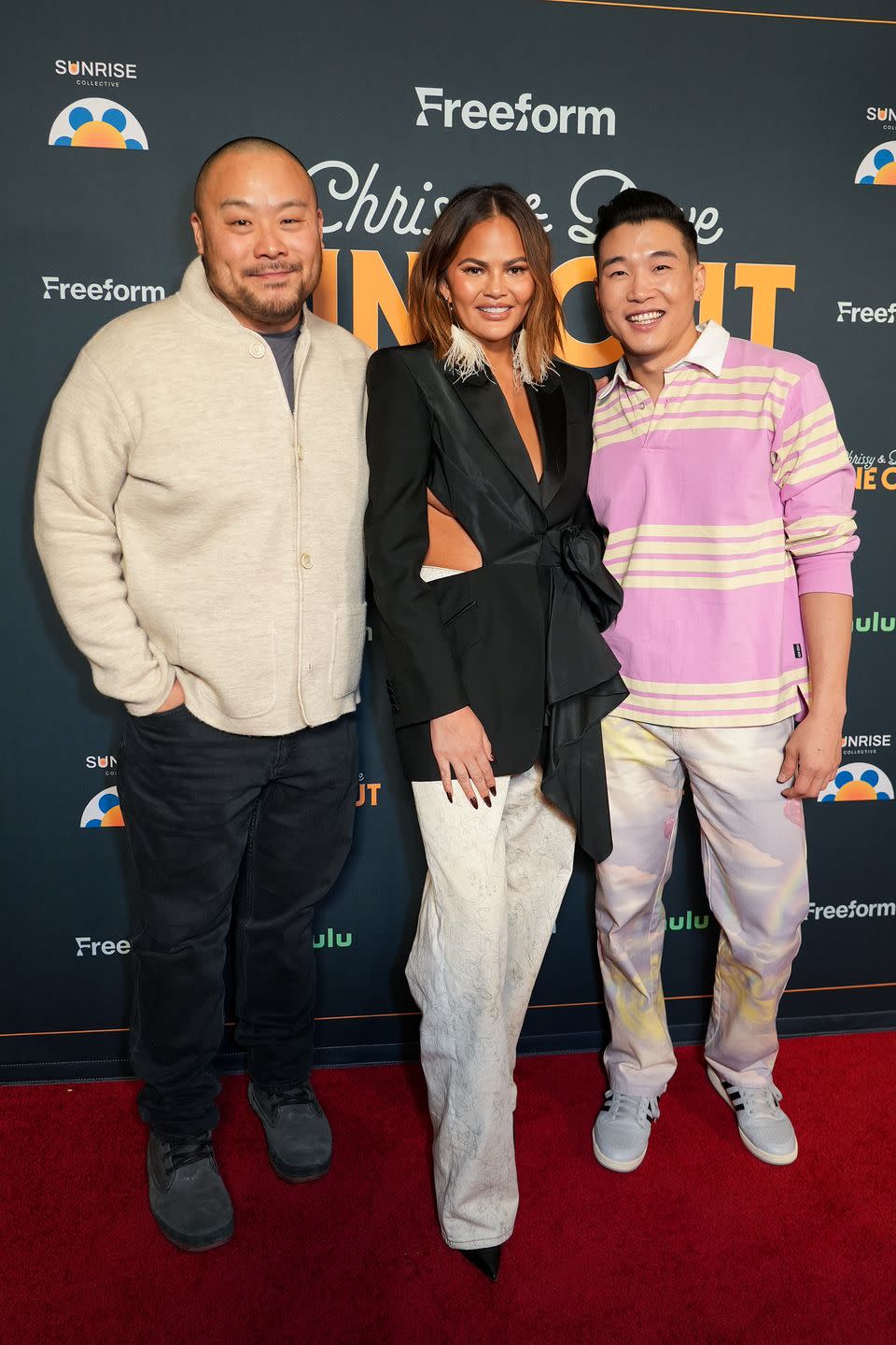 park city, utah january 20 l r david chang, chrissy teigen and joel kim booster attend the chrissy dave dine out premiere at sunrise collective at riverhorse on main on january 20, 2024 in park city, utah photo by suzi prattgetty images for sunrise collective