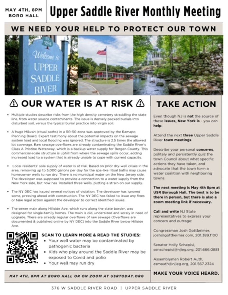 Upper Saddle River residents have been circulating fliers claiming the facilities threaten their wells, and encouraging attendance at Borough Council meetings.