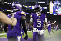 Minnesota Vikings wide receiver Jordan Addison (3) celebrates after scoring on a 60-yard touchdown reception during the first half of an NFL football game against the San Francisco 49ers, Monday, Oct. 23, 2023, in Minneapolis. (AP Photo/Bruce Kluckhohn)