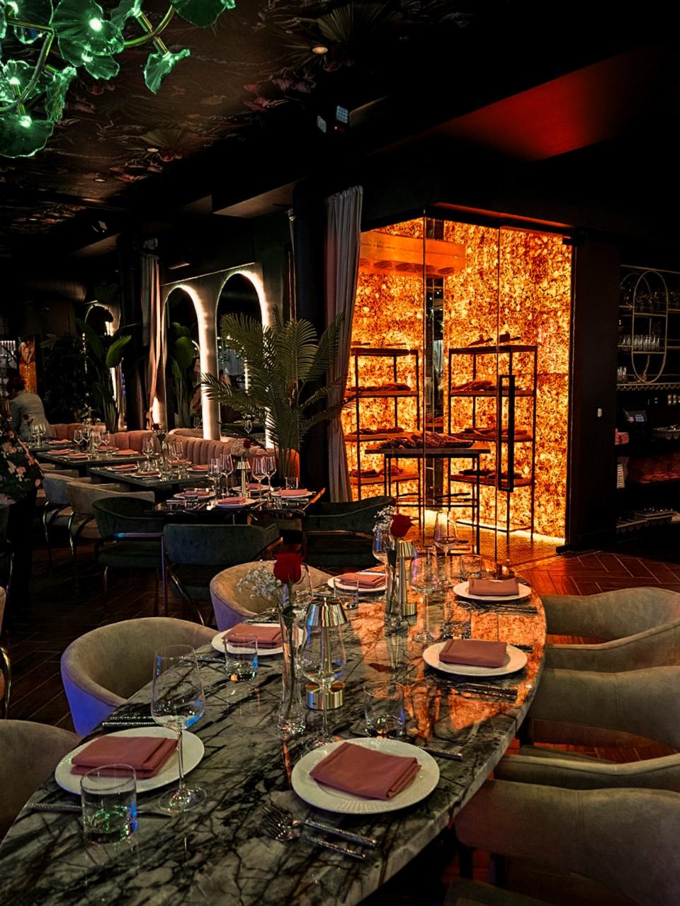 A Himalayan Salt-lined case in the dining room of Sexy Steak displays the restaurants premium beef.