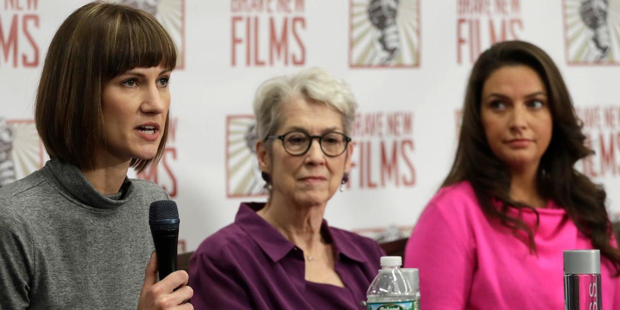 Rachel Crooks, left, Jessica Leeds, center, and Samantha Holvey attend a news conference, Monday, Dec. 11, 2017, in New York to discuss their accusations of sexual misconduct against Donald Trump.