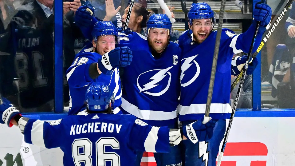 Steven Stamkos, centre, scored two goals in Game 6 as the Lightning defeated the Rangers. (Photo by Julio Aguilar/Getty Images)