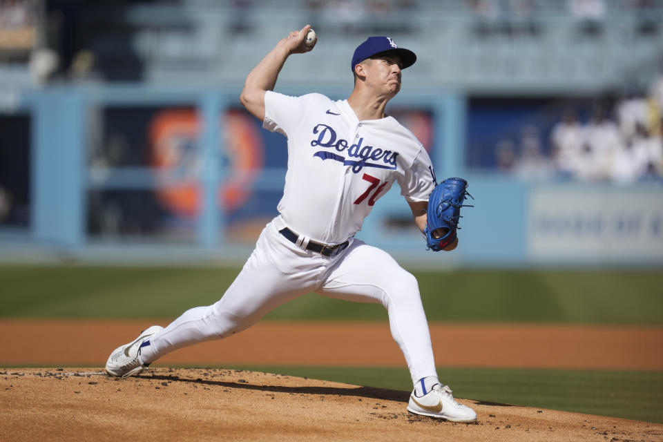 Los Angeles Dodgers starting pitcher Bobby Miller (70) throws during the first inning of a baseball game against the New York Yankees in Los Angeles, Sunday, June 4, 2023. (AP Photo/Ashley Landis)