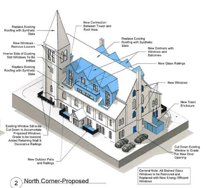 A rendering of the proposed exterior changes planned for the former First Baptist Church building. Developers are looking to convert the historic structure into an 11-unit condo building.