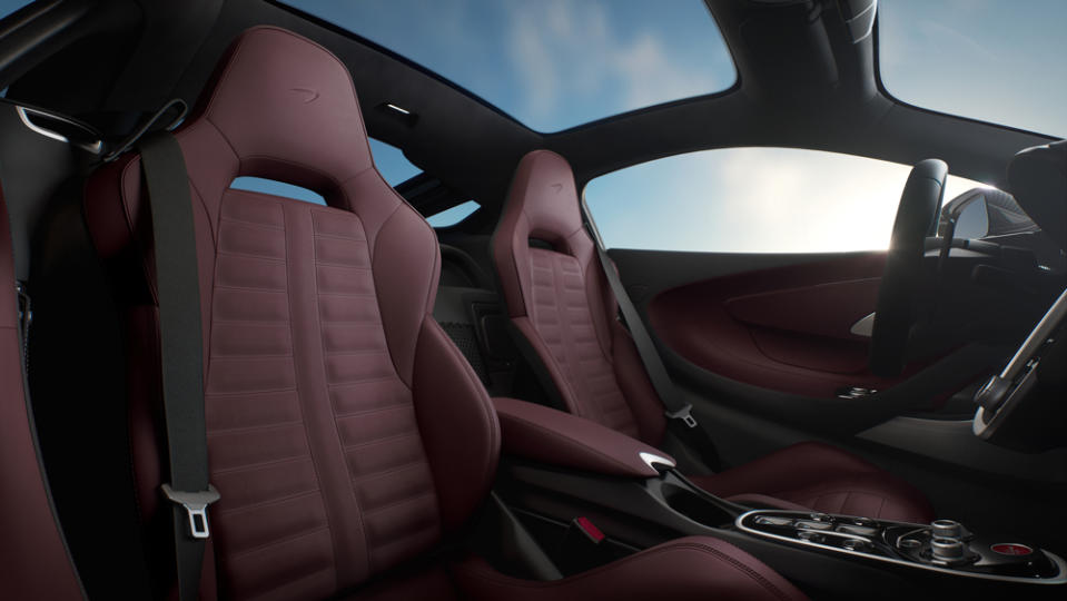 The interior of a McLaren GTS with the optional glass panoramic roof.