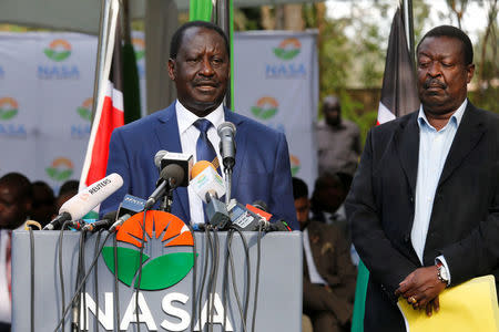 Kenyan opposition leader of the National Super Alliance (NASA) coalition Raila Odinga speaks during a news conference in Nairobi, Kenya October 31, 2017. REUTERS/Thomas Mukoya