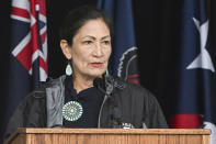 FILE - Interior Secretary Deb Haaland speaks during a ceremony commemorating the 21st anniversary of the Sept. 11, 2001 terrorist attacks at the Flight 93 National Memorial in Shanksville, Pa., Sept. 11, 2022. The Biden administration says it will hold its first offshore wind auction next month. Haaland says the Feb. 23 auction in the New York Bight region will allow offshore wind developers to bid on six lease areas, the most ever offered in an auction for offshore wind. (AP Photo/Barry Reeger, File)