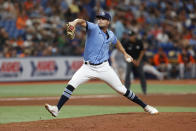 Tampa Bay Rays starting pitcher Shane McClanahan throws to a Baltimore Orioles batter during the sixth inning of a baseball game Saturday, Aug. 13, 2022, in St. Petersburg, Fla. (AP Photo/Scott Audette)