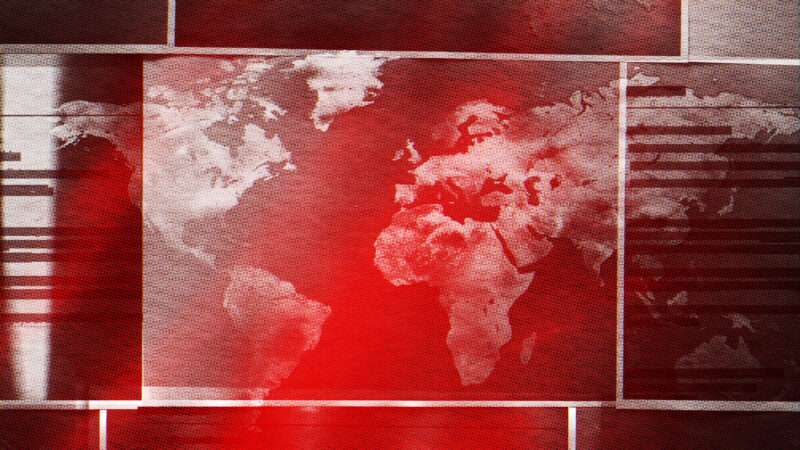 World map with red glow.