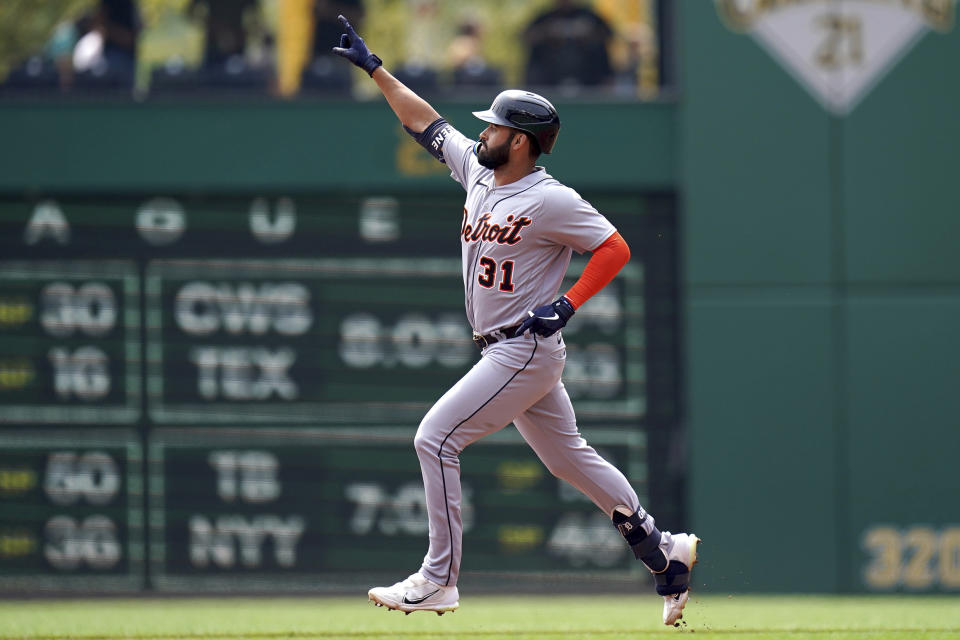 Detroit Tigers' Riley Greene rounds the bases after hitting a home run against the Pittsburgh Pirates in the first inning of a baseball game in Pittsburgh, Wednesday, Aug. 2, 2023. (AP Photo/Matt Freed)