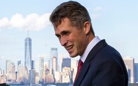 Gavin Williamson, the Defence Secretary, aboard HMS Queen Elizabeth in New York harbour - Credit: Eduardo Munoz Alvarez/AP