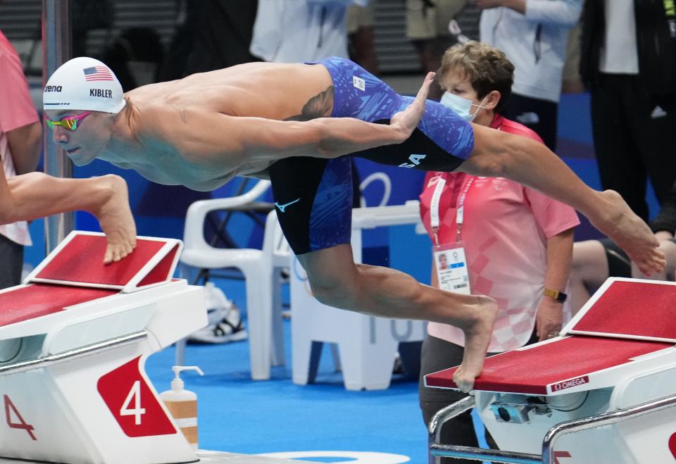 Drew Kibler (USA) in the men's 4x200m freestyle relay heats during the Tokyo 2020 Olympic Summer Games at Tokyo Aquatics Centre.