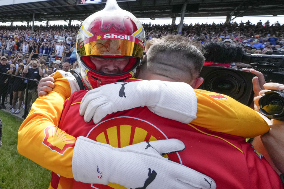 Josef Newgarden celebrates winning the Indianapolis 500 auto race at Indianapolis Motor Speedway in Indianapolis, Sunday, May 28, 2023. (AP Photo/AJ Mast)