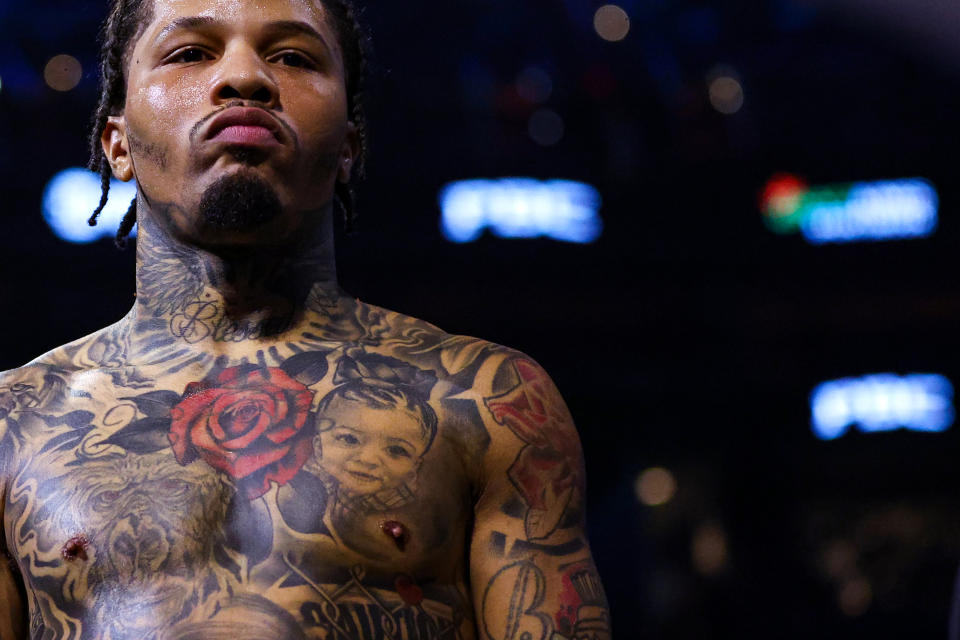 WASHINGTON, DC - JANUARY 07: Gervonta Davis looks on before fighting Hector Luis Garcia in their WBA World Lightweight Championship bout at Capital One Arena on January 7, 2023 in Washington, DC. (Photo by Patrick Smith/Getty Images)