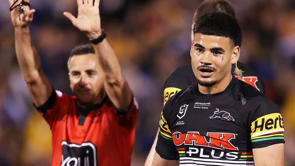 Taylan May walks off after being sent to the sin bin against the Parramatta Eels.