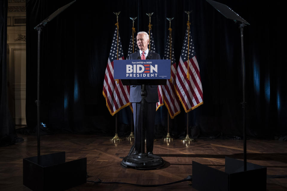 Democratic presidential candidate Joe Biden delivers remarks about the coronavirus pandemic at the Hotel Du Pont on March 12, 2020, in Wilmington, Delaware. (Photo: Drew Angerer/Getty Images)