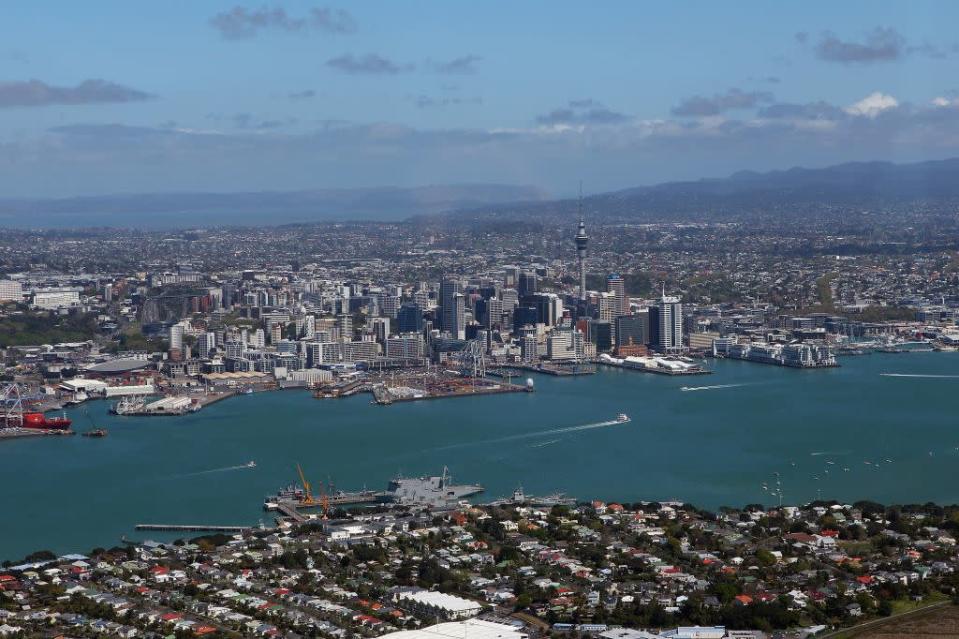 An aerial view of Auckland Harbour and the Sky Tower in Auckland, New Zealand.