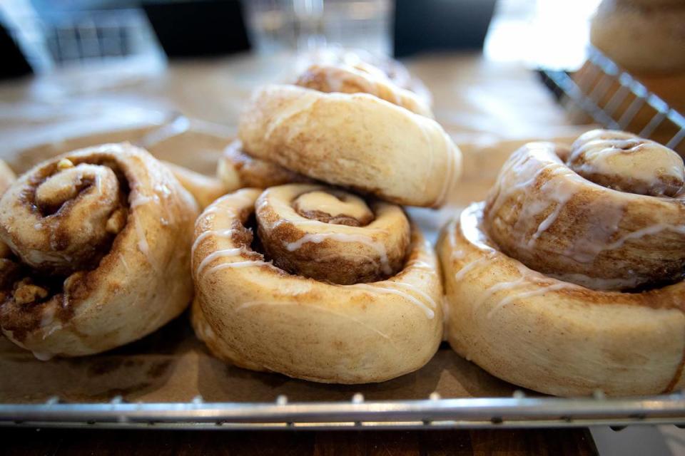 Baked goods for sale at Farmhouse House of Bread in San Luis Obispo include house-made cinnamon rolls.