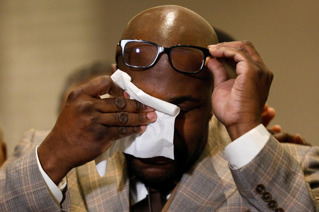 Philonise Floyd uses a napkin during a news conference following the verdict in the trial of former Minneapolis police officer Derek Chauvin, found guilty of the death of George Floyd, in Minneapolis, Minnesota, U.S., April 20, 2021. (Nicholas Pfosi/Reuters)
