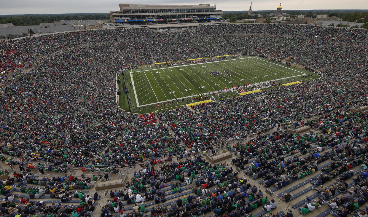 SOUTH BEND, IN - SEPTEMBER 08: A general view of Notre Dame Stadium during the Notre Dame Fighting Irish versus Ball State Cardinals game on September 8, 2018 in South Bend, Indiana. Notre Dame defeated Ball State 24-16. (Photo by Michael Hickey/Getty Images)