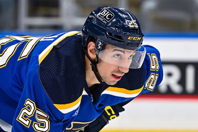 <p>Rick Ulreich/Icon Sportswire via Getty </p> Louis Blues center Jordan Kyrou (25) during a regular season game between the Nashville Predators and the St. Louis Blues on November 24 2023, at the Enterprise Center in St. Louis MO